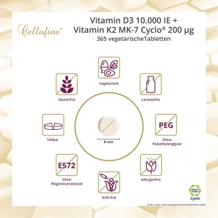 Cellufine® Vitamin D3 10.000 IE + Natto Vitamin K2 MK-7 Cyclo® 200 µg - 365 vegetarische Tabletten