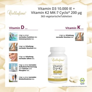 Cellufine® Vitamin D3 10.000 IE + Natto Vitamin K2 MK-7 Cyclo® 200 µg - 365 vegetarische Tabletten